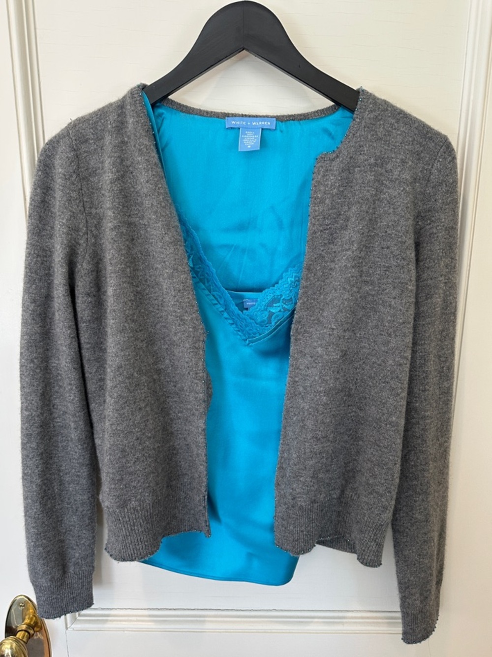White + Warren Gray Cashmere Open Cardigan w/silk camisole SZ S